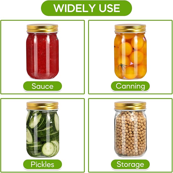 Glass Mason Jars with Gold Lids 16 oz - 15 Pack Regular Mouth Canning Jars for Food Storage, Meal Prep, Overnight Oats, DIY Crafts - Includes 24 Stickers & Brush