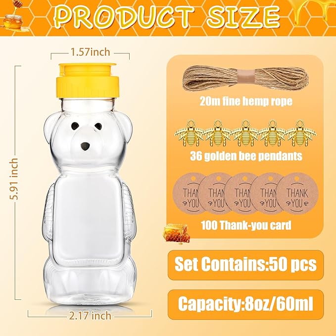 8oz Plastic Honey Bear Bottle Mini Honey Jars Party Favors Small Honey Bear Bottles with Lids Bear Shape Clear Empty Honey Jar with Screw Yellow Lid 50 Tags 2 Rolls Jute Rope (36-set)