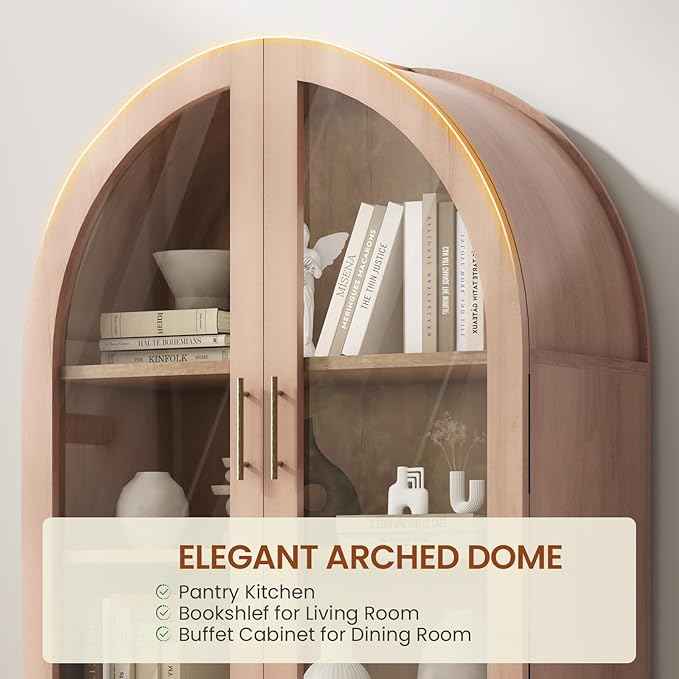 Itaar 71" Arched Kitchen Pantry Cabinet, Kitchen Storage Cabinets with 1 Large Drawer & Storage Cart 2 Tier & Door Shelves for Living Room, Dining Room, Natural Oak