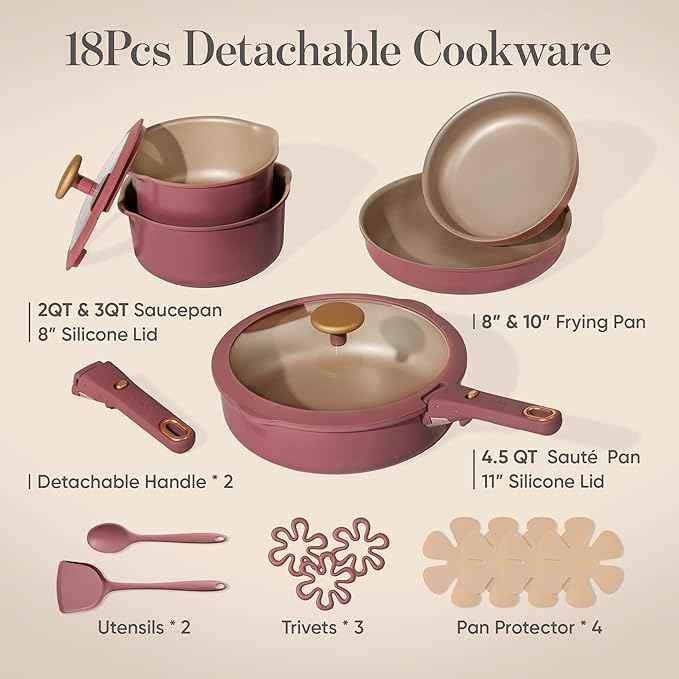 CAROTE 18Pcs Titanium Reinforced Nonstick Pots and Pans Set, Nonstick Cookware Set with Detachable Handle, Induction Kitchen Cookware Sets Removable Handles, Dishwasher Safe, Oven Safe, Red