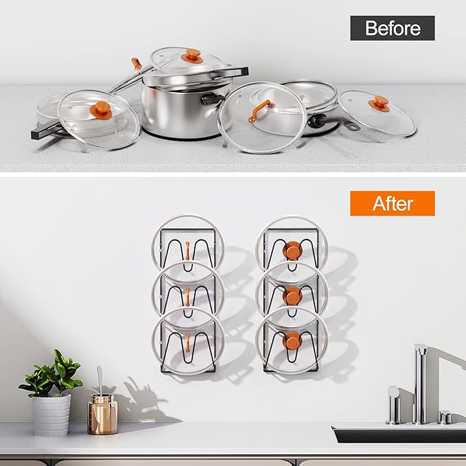 Durmmur 2 Pack Pot Lid Organizer Rack, 6-Tier Pot Lids Holder for Cabinet Door/Wall, No Drilling Adhesive Wall/Door Mounted Rustproof Pot and Pan Cover for Kitchen Storage, Classic Black