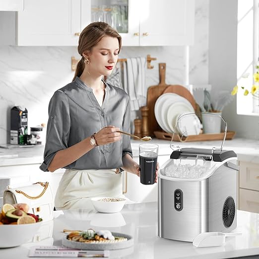 Croze Nugget Ice Maker Countertop with Self-Cleaning Function, Sonic Ice Machine with Handle, Compact Design for Home Use (Stainless Steel Silver)