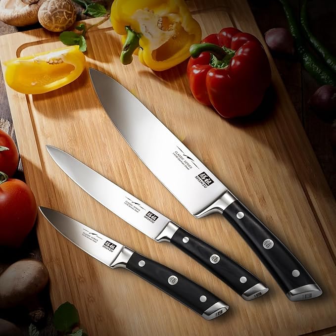 SHAN ZU Kitchen Knife Sets 3pcs, Professional German 5Cr15MoV Stainless Steel, High Carbon Steel Knives Sets, Ultra Sharp Ergonomic Wood Handle & Full Tang Design, Gift Box Included