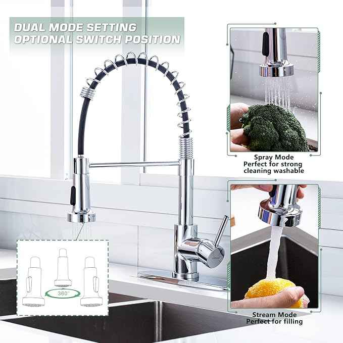 WEWE Chrome Kitchen Faucet, Faucet for Kitchen Sink with Pull Down Sprayer Kitchen Faucet with Deck Plate Stainless Steel Single Handle Spring for Farmhouse Utility Bar Laundry Sinks