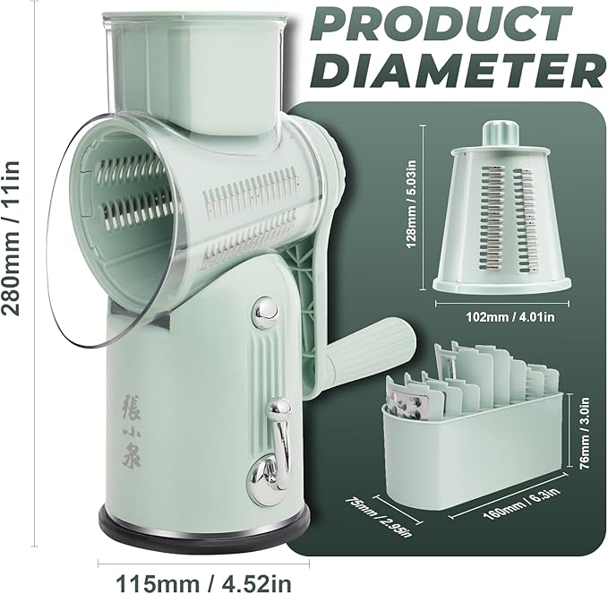 ZHANG XIAO QUAN SINCE 1628 5-in-1 Interchangeable Blades Rotary Cheese Grater Hand Crank, Cheese Shredder Mandoline Vegetable Julienne Slicer Cutter Nut Chopper with Anti-Slip Base, Green