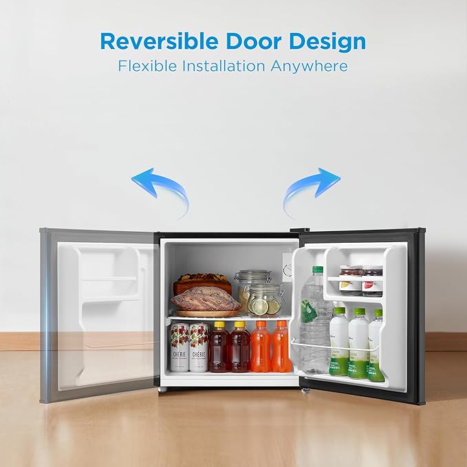 Midea MERM17B0ABB 1.7 Cu Ft Mini Fridge, Compact Refrigerator with Adjustable Thermostat, Reversible Door, Low Noise, Energy Efficient, Ideal for Dorm, Office, Bedroom, Black