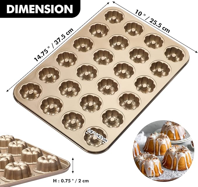 Webake 1.8" Mini Fluted Tube Cake Pan, 24-Cup Non-stick Bite Size Petite Fluted Cake Mold Heavy Gauge Carbon Steel Set of 2
