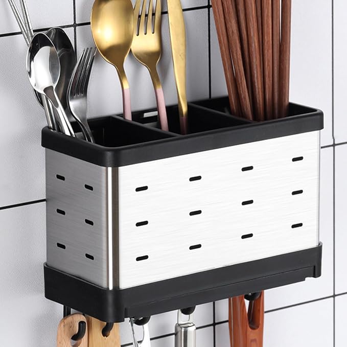 Wall Mount Utensil Holder, Stainless Steel Hanging Utensil Drying Rack Silverware Cutlery Organizer for Spoons, Forks, Chopsticks