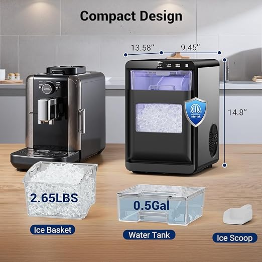 Nugget Ice Makers, 44lbs/24h Nugget Ice Maker Chewable Ice Ready in 5-10Mins, Self-Cleaning Stainless Steel Countertop Ice Maker for Home, Kitchen, Office, Party