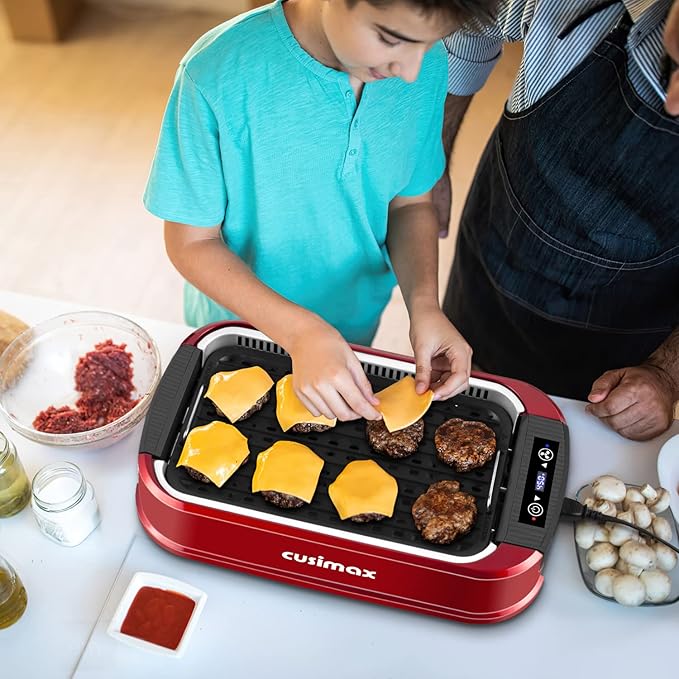 Indoor Grill, CUSIMAX Smokeless Grill Indoor, Electric Griddle, 1500W Korean BBQ Grill with LED Smart Display & Tempered Glass Lid, Non-stick Removable Plate & Griddle Plate, Red