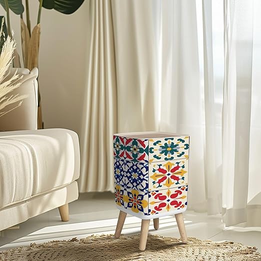 Small Trash Can with Lid Vintage tiles Traditional geometric ornate ceramic tiles seamless Wastebasket with Press Cover Dog Proof Garbage Can Waste Bin for Kitchen Bathroom Nursery 2.6 Gallon