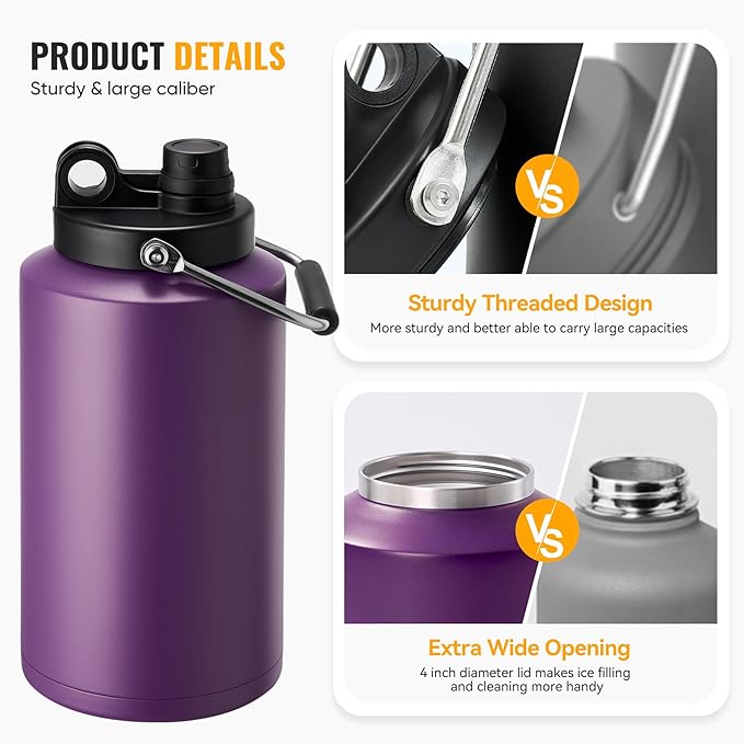 Kerilyn Insulated Gallon Jug with Handle, One Gallon, 128oz Stainless Steel, Large Double Vacuum Water Bottle for Hot & Cold Drinks, Wide Mouth, Sweat Proof, Great for Travel, Camping, Dark Purple