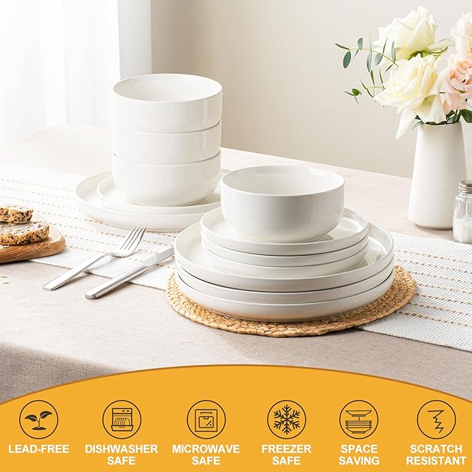 EWFEN Plates and Bowls Sets, 24 Pieces Ceramic Dinnerware Set for 8, Stoneware Dishware Dishes Set, Scratch Resistant Dishes Set, Dishwasher & Microwave Safe, White