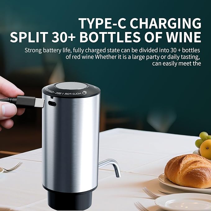 Upgraded Wine aerator Electric Wine Decanter, Rechargeable Automatic Wine Dispenser withStorage Base,Two Modes:long press to continuously Dispense wine/single press to Dispense75ml of Wine(Silver-set)