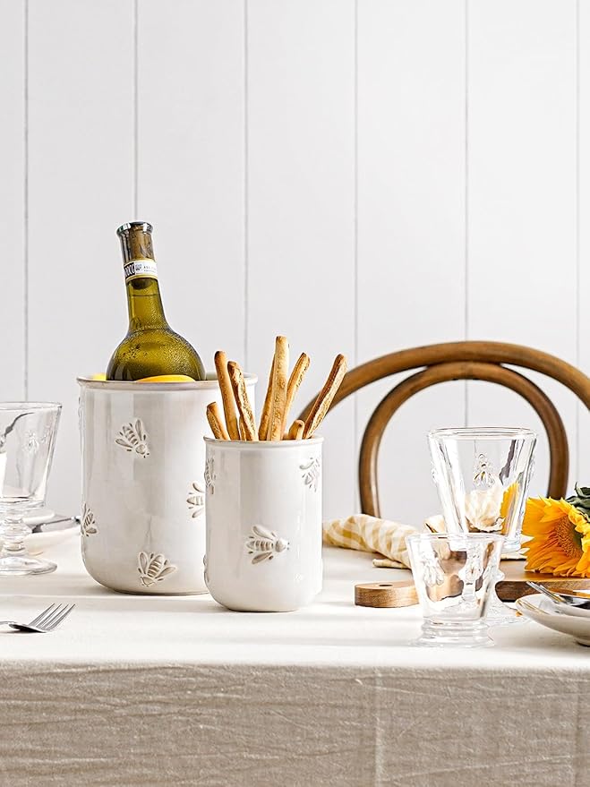 LE TAUCI Utensil Holder for Kitchen Counter - 6.9"+5.3" Ceramic Kitchen Utensil Holder Set of 2, Large Cooking Utensil Crock & Organizer for Spatula, Spoon - Embossed Kitchen Decor, White,Bee