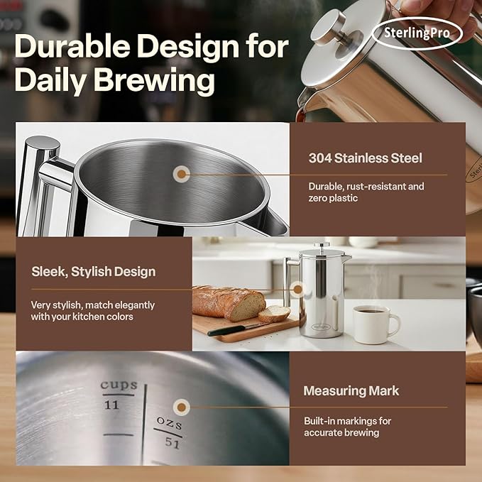 SterlingPro Stainless Steel French Press Coffee Maker 1.5 L (51 oz) Mirror – Double Walled Insulated Large Coffee Press, Durable Design Keeps Drinks Hot, Easy to Use and Clean for Rich Flavor Brewing