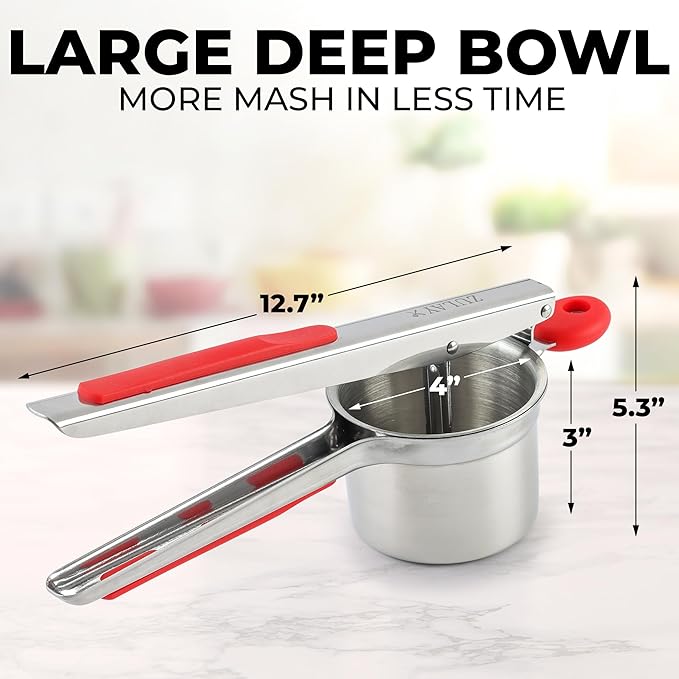 Zulay Kitchen Premium Large 15oz Potato Ricer, Heavy Duty Professional Stainless Steel Potato Masher and Ricer Kitchen Tool, Press and Mash Kitchen Gadget - Red and Silver