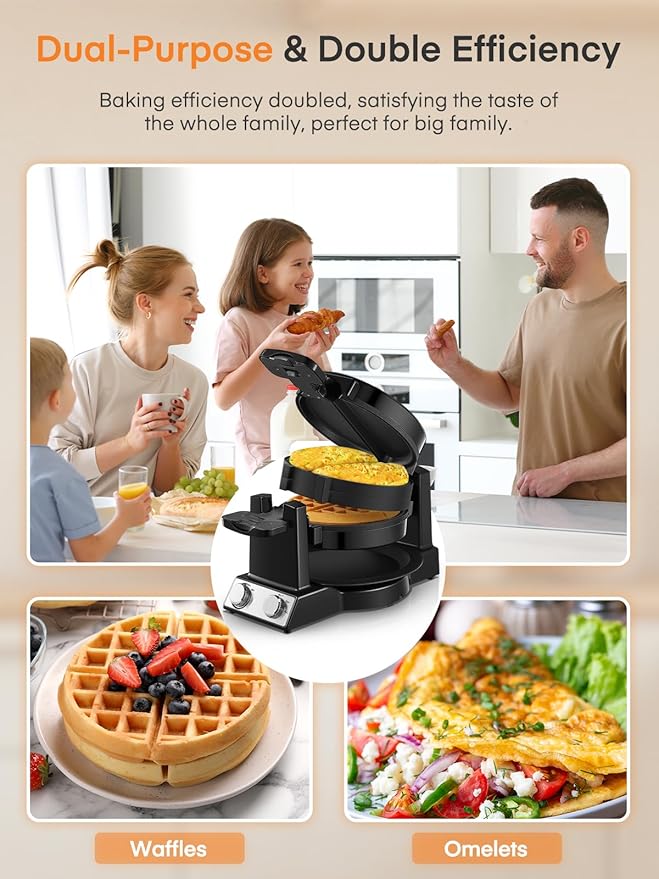 FOHERE 2-in-1 Omelette Maker&Waffle Maker, 1400W Omelet Maker 180° Flip, Adjustable Browning Control, Non-Removable & Nonstick Pans, Make Two Omelet and One Waffle at Once for Home (Dark Black)