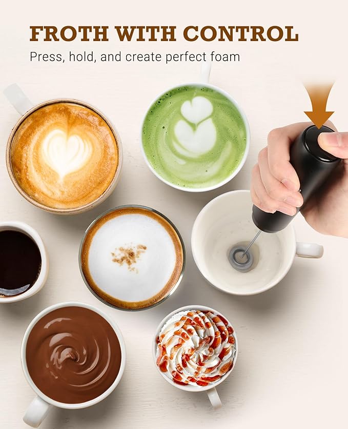 SIMPLETASTE Milk Frother Handheld Electric Foam Maker, Drink Mixer with Stainless Steel Whisk for Cappuccino, Bulletproof Coffee, Latte, Black, without Stand, USB-C Rechargeable