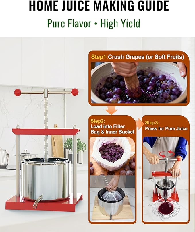 EJWOX 0.53 Gallon Manual Press - Stainless Steel Soft Fruit & Herb Juicer with Filter Bag - Multi-Functional Squeezer for Grapes, Berries, Honey & Cheese - Compact Top-Handle Design for Small Batches