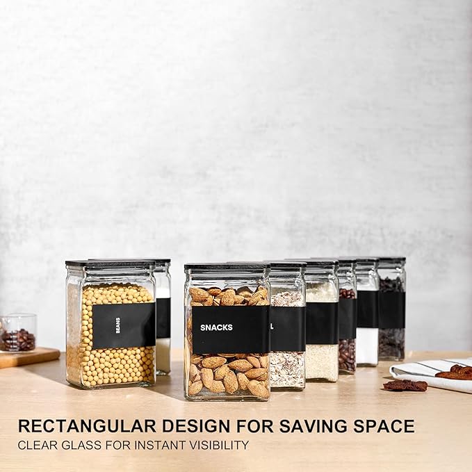 Glass Storage Jars with Bamboo Lids, 27oz Square Food Storage Containers for Kitchen Pantry Organization, Storage Canisters with Labels for Cereal Flour Beans Tea, Large Spice jars Seasoning Bottles
