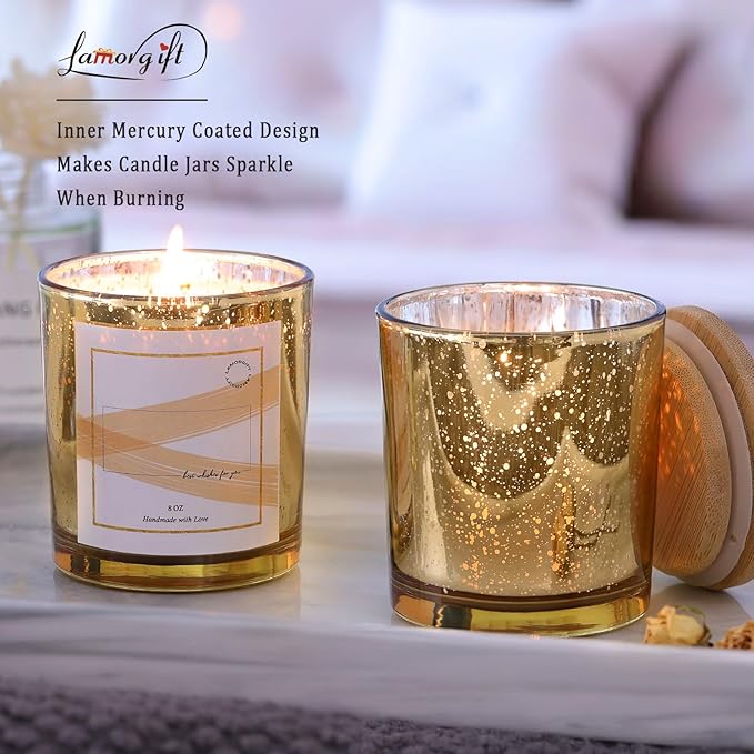 LAMORGIFT 15 Pack Glass Candle Jars With Lids (8oz, Gold) - Empty Containers for Making Candles - Mercury Glass Jars With 20 Pcs Labels - Accessories Included