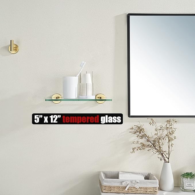 JQK Bathroom Glass Shelf Gold, Tempered Glass Shower Storage 12 by 5 inches, 304 Stainless Steel Brushed Gold Wall Mount 2 Pack, TGS101L12-BG-P2