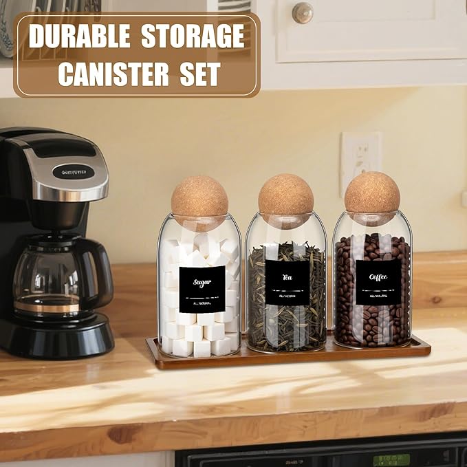 Suclain 3 Pcs Glass Coffee Storage Jar with Ball Cork Lid Wooden Spoon Shelf Labels Airtight Round Bottle Jar Food Storage Canister Set for Sugar Spice Coffee Bean Holder Candy Gift(27oz)