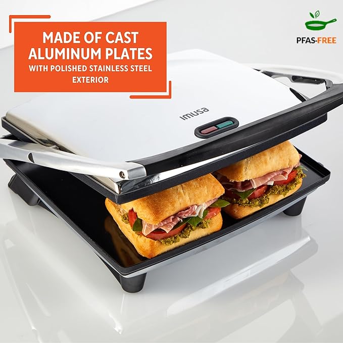IMUSA 12x10in Stainless Steel Electric Panini Press with Temperature Control, Nonstick Plates for Sandwiches, Grilled Paninis, Quesadillas, and More