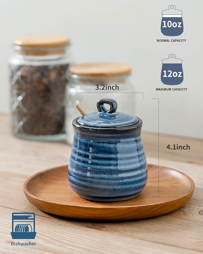 Ceramic Honey Pot with Lid and Honey Dipper, 12 oz Honey Jar and Wooden Dipper, Pottery Honey Container for Home, Cute Honey Dish, Dishwasher Safe, Blue