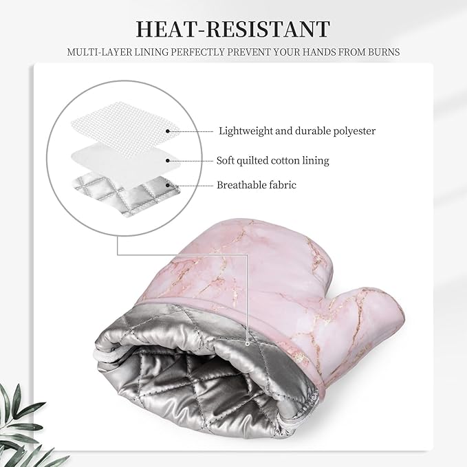 Oven Mitts and Pot Holders Light Pink Marble Art Silicone Kitchen Accessories Set of 4 Heat Resistant Long Gloves Potholder Non-Slip Grip for Chef Cooking Baking Grilling BBQ