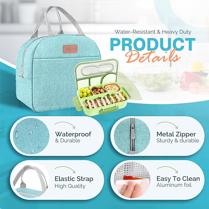 EASYFUN Bento Lunch Box Set Bento Box, 4-Compartment Lunch Containers,High Capacity Lunch Tote Bags for Work, Travel, Outdoor (Green)