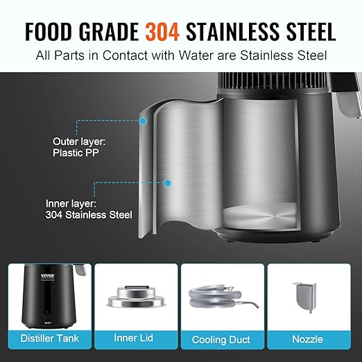 VEVOR Water Distiller, 4L/ 1.05 Gallon Pure Water Distilling for Home Countertop, 750W Distilled Water Maker, 304 Stainless Steel Interior Stiller Water Making Machine to Make Clean Water, Black