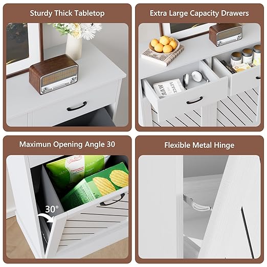 Double Tilt-Out Trash Can Cabinet, 2x13 Gallons Hidden Garbage, Hidden Kitchen Trash Cabinet with Storage Drawer, Pet-Proof Wooden Garbage & Recycling Cabinet for Kitchen, Laundry & Living Room, White