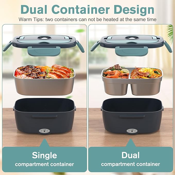 Herrfilk Electric Lunch Box Food Heater, 3 in 1 Ultra Quick Heated Lunch Boxes for Adults, 12V/24V/110V Portable Food Warmer for Car/Truck/Office With Fork Spoon and Insulated Carry Bag