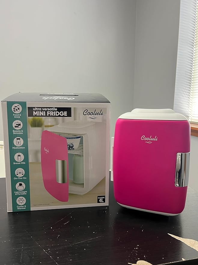 Cooluli Skincare Mini Fridge for Bedroom - Car, Office Desk & Dorm Room - Portable 4L/6 Can Electric Plug In Cooler & Warmer for Food, Drinks, Beauty & Makeup, 12v AC/DC & Exclusive USB, Fuchsia