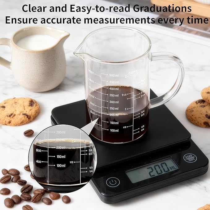 77L Glass Measuring Cup, [Insulated handle, V-Shaped Spout], High Borosilicate Glass Measuring Cup for Kitchen or Restaurant, Easy To Read, 500 ML (0.5 Liter, 2 Cup)