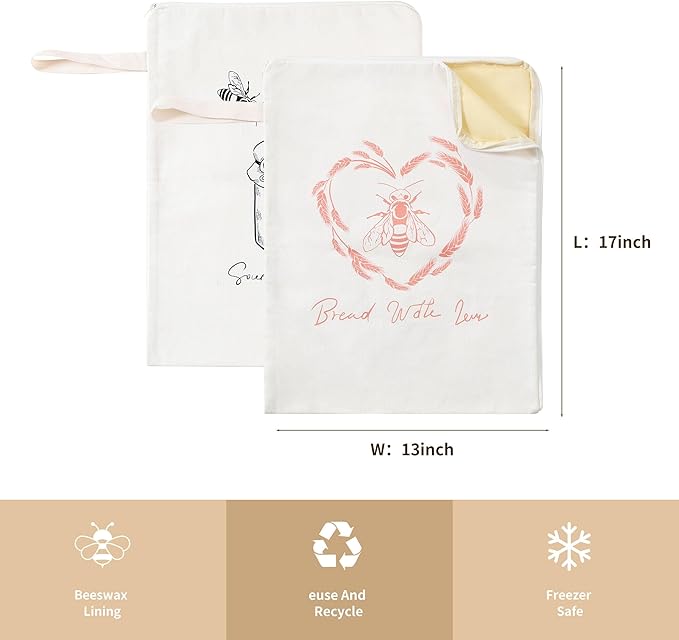 WiNDANCE Wide Zipper Access Beeswax Bread Bags for Homemade Bread - 2 Packs XL Reusable Organic Beeswax Linen Cotton Sourdough Bag, Homesteading Essentials Sourdough Bags with Zip to Keep Fresh