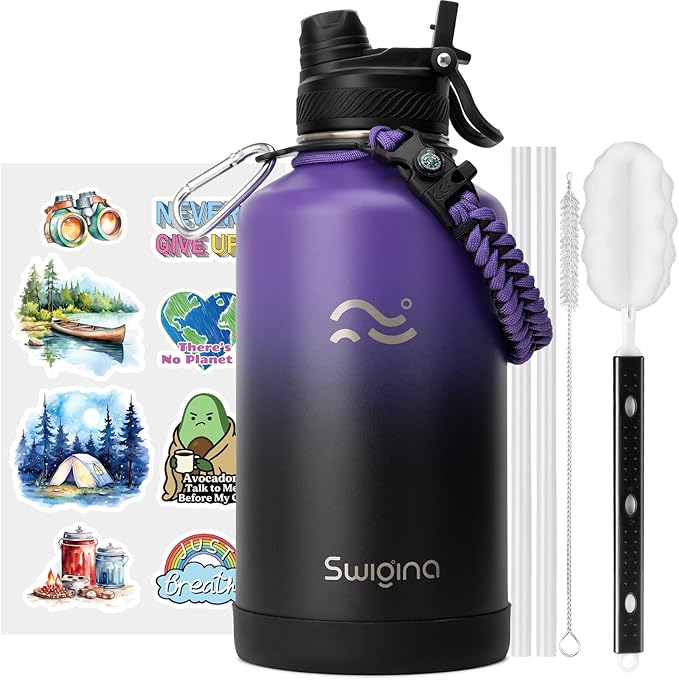 Swigina [2-IN-1 LID] 64 oz Insulated Water Bottle with Silicone Boot (48hrs Cold/24hrs Hot) - DIY Stickers, Leakproof, BPA Free, Half Gallon