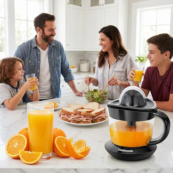 LUUKMONDE Electric Citrus Juicer, 24 oz. Orange Squeezer with 2 Reamers for Lemon & Grapefruit, Pressure Activated Auto-Reversing Juicer Machine, Quiet Motor, Black