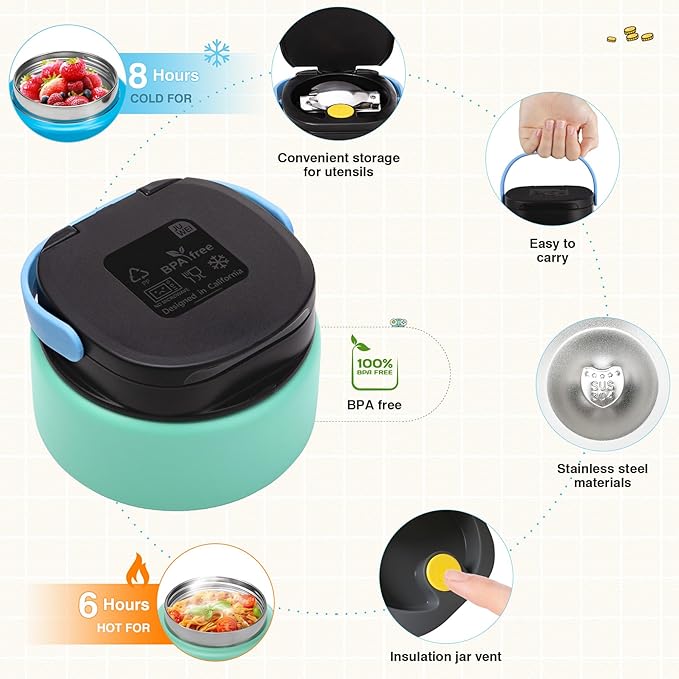 Game Bento Box for Kids, Lunch Box with Thermo(9oz Food Jar), Folding Spoon, Removable Divider & Sauce Cup, Lunch Box Kids for School,Travel, BPA-Free & Realistic Shape(Blue-Green)