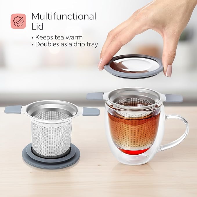 Stainless Steel Tea Infuser for Loose Leaf Tea – Extra Fine Mesh Strainer with Heat Proof Double Handles & Lid, Reusable Filter Fits Mugs, Cups & Teapots, Gray