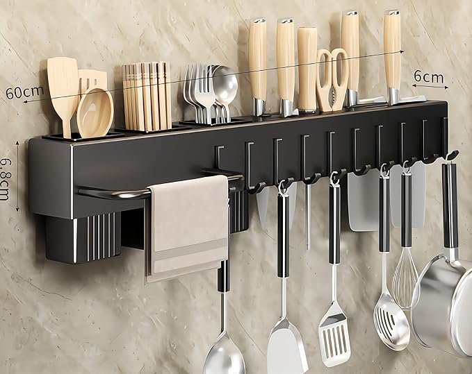 SEIDO Carbon Steel Utensil Rack – Space-Saving 24" L Kitchen Organizer with hooks & hanging bar, Matte Black Knife Holder, 2 Installation Options (Adhesive/Screwed)