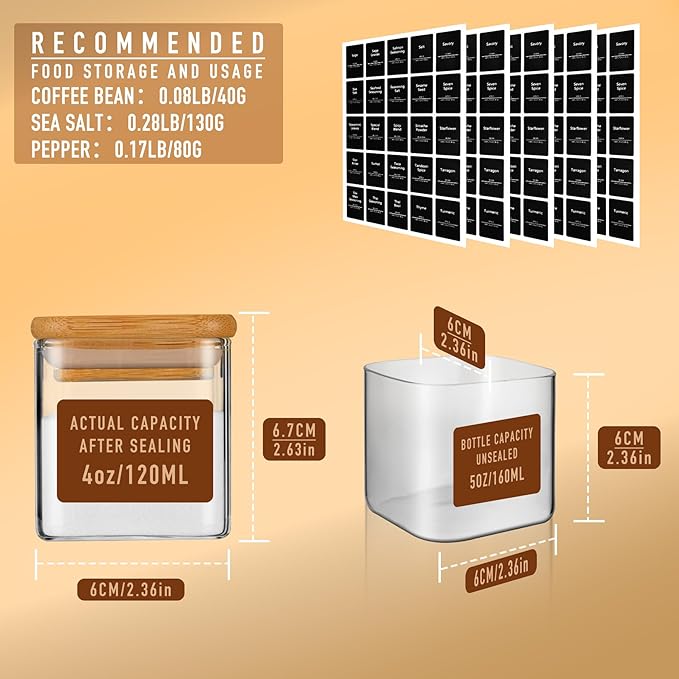 D2scrma 5oz Airtight Square Spice Containers with Bamboo Lid Set of 12 with Black Lables Storage Stackable Spice Jar, Kitchen Canister for Sugar, Tea, Flour, Salt and Seasonings (‎Clear Glass)