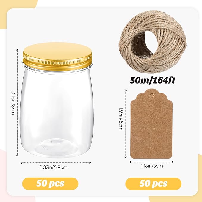 Nitial 50 Pack 5 oz Plastic Jars with Lids Bulk Yogurt Containers with Lids Gift Jars with DIY Craft Twine and Labels Gifts for Birthday Wedding Halloween Christmas Party Favor(Gold,Aluminum Lid)