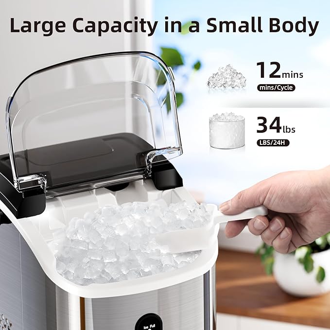 Antarctic Star Nugget Countertop Ice Maker with Soft Chewable Ice, 34Lbs/24H, Pebble Portable Ice Machine with Ice Scoop, Self-Cleaning, One Button Operation, for Kitchen,Office Stainless Steel Silver