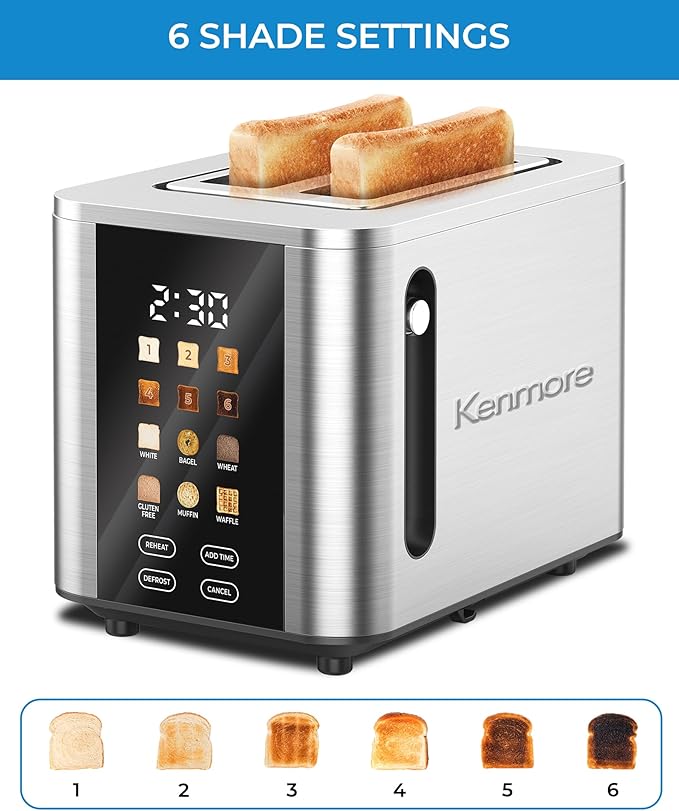 Kenmore 2-Slice Digital Touchscreen Toaster - 900W Stainless Steel, Wide Slots 6 Shade Settings, Bread Presets, Countdown Timer, Reheat & Defrost Functions Compact Countertop Design tostadora digital