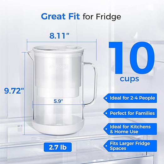 Waterdrop PT-09W 10-Cup Large Glass Water Filter Pitcher, Eco-Friendly, NSF/ANSI 53, 42 & 372 Certified Filter, Reduces PFOA/PFOS, Chlorine, Cadmium, Copper & Mercury, BPA-Free, Easy to Clean, White