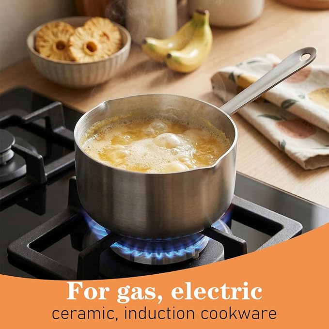 0.5 Quart 18/10 Tri-Ply Stainless Steel Butter Melting Pot, 500ml Silver Butter Warmer Measuring Pan Small Sauce Pan with Dual Pour Spouts for Milk, Coffee, Tea, Soup Warming & Measuring