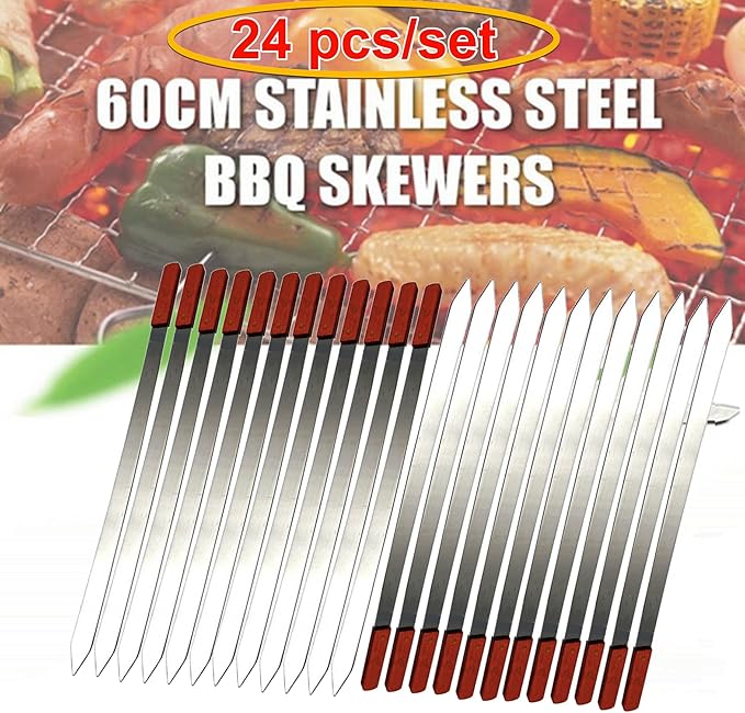 Stainless Steel Barbecue Skewers BBQ Outdoor Grill Skewer stick Barbecue Fork with Solid Wood Handle for Grilling Shish Kebob Koubideh Persian Brazilian Kebab 1" Wide + 1 Free Skewer (24pcs)